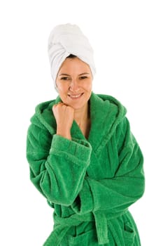 In bathrobe and head wrap