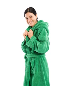In a green bathrobe
