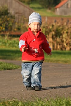 Toddler walks through autumn