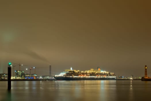 Passenger ship in Hamburg at night