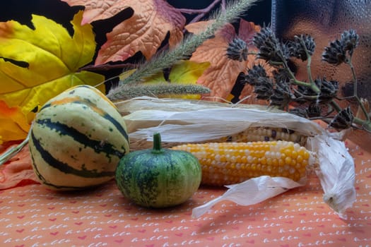 Festive autumn halloween fall harvest background pumpkin's and squash. High quality photo