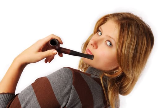 Pretty blond girl with pipe