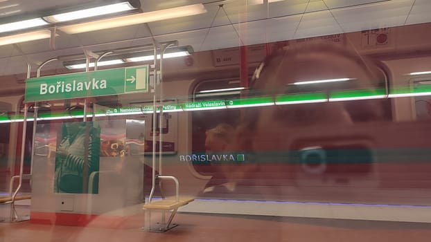 October 15 2024 Prague Czech Republic Europe, metro interior underground. Blurred metro station Borislavska . High quality photo