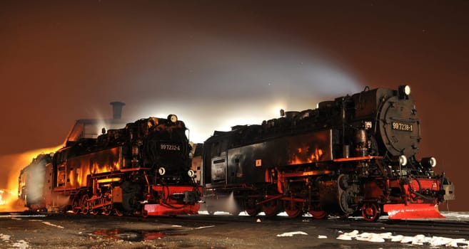 At -14 degrees and a starry night,I was able to photograph these magnificent steam locomotives.