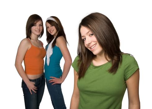 3 teens split focus. white background