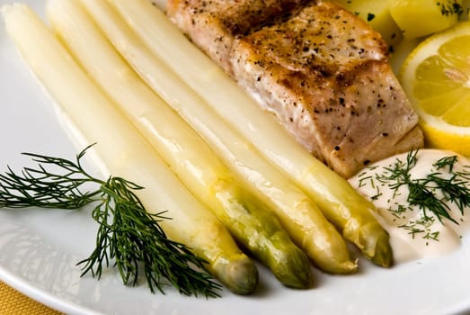 Young asparagus with wild salmon