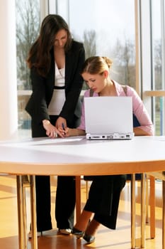 Businesswoman on computer with secretary