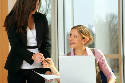Businesswoman on computer with secretary