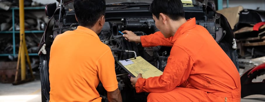 Panoramic banner automotive service mechanic inspect and diagnose car engine issue, repairing and fixing problem in workshop. Technician car care maintenance working on internal components. Oxus