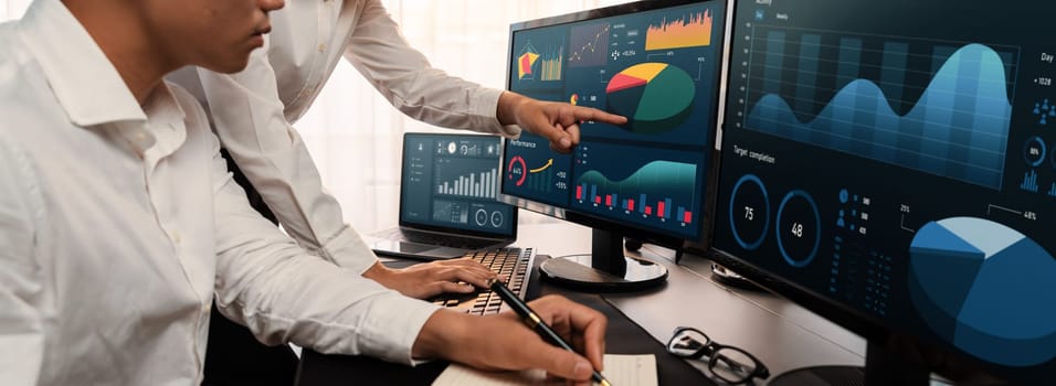 Analyst working on data analysis or BI dashboard on computer monitor. Business team analyzing financial data by Fintech in corporate office for business marketing and strategy planning. Trailblazing