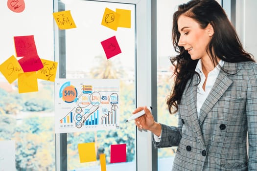 Business people work on project planning board in office and having conversation with coworker friend to analyze project development . They use sticky notes posted on glass to make it organized. Jivy