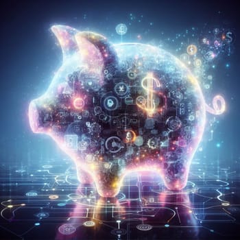 glowing neural virtual digital piggy bank for crypto digital currency and cbdc - digital money concept ai generated art