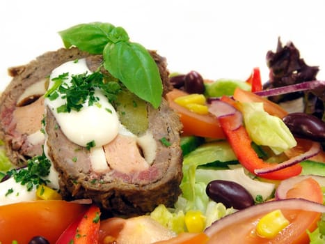 Vegetable salad with beef roll