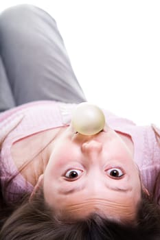 young girl with bubble gum isolated