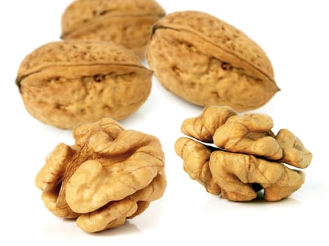 Walnuts in closeup with white background
