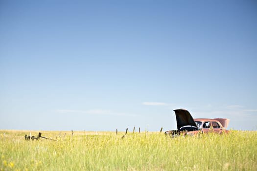 abandoned car in field