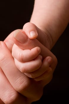 Babys hand gripping adult finger