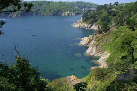 View across Mill Bay Cove to Dartmouth Castle from the SouthWest CoastPath,with the tower of Kingswear Castle in between. South Devon,UK