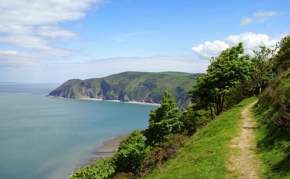 South West Coast Walk (very comfortable here) with views across LynMouth Bay over to Foreland Point,the northernmost point of the Devon coast,UK