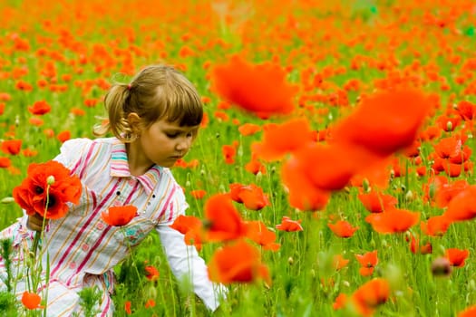 Girl on meadow with a red poppies