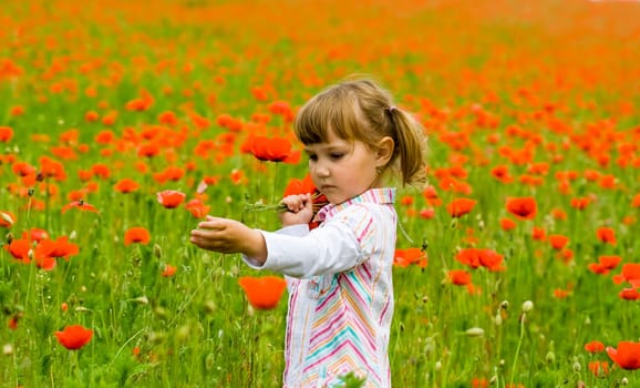 Girl on meadow with a red poppies