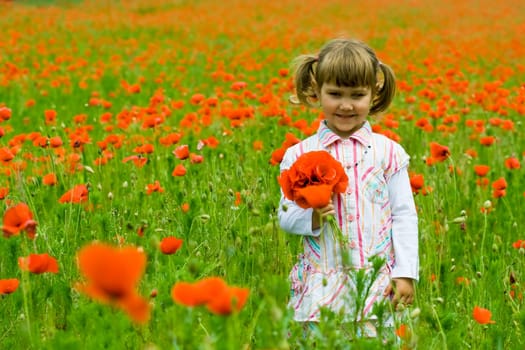 Girl on meadow with a red poppies