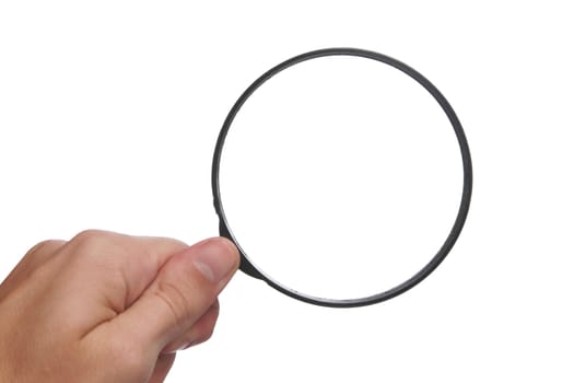 Hand And Magnifying Glass Over White Bac