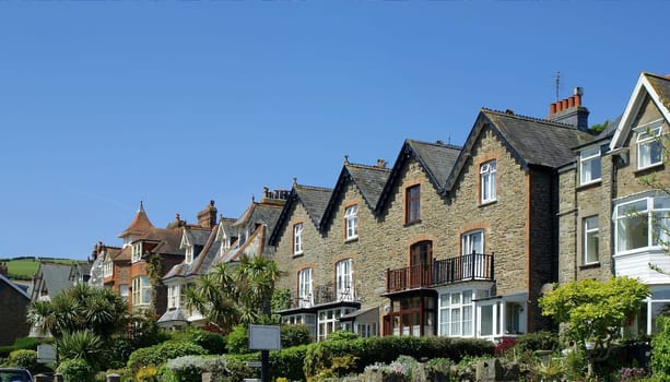 Beautiful row of houses with pretty front gardens in Lynton on the north coast of Devon,UK. Here,too,you can get through via the Southwest Coast Hiking Trail.