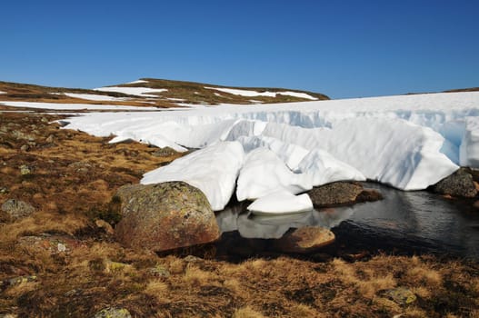 The snow is thawing in Hardangervidda / Norway.