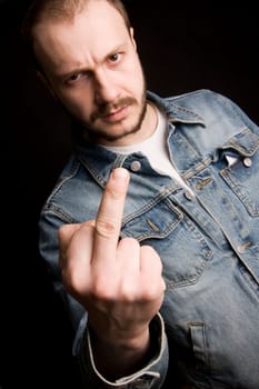young man giving the middle finger