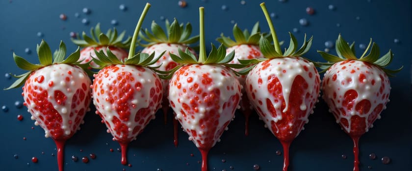 A close up of a bunch of strawberries with a white glaze dripping from them. Concept of indulgence and luxury, as the strawberries are drizzled with a rich, creamy sauce