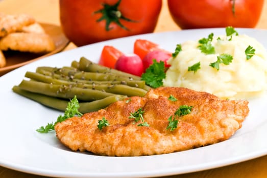 Schnitzel with puree,salad