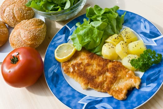 Schnitzel breaded with salad