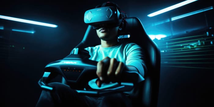 Futuristic simulator seat cockpit, man playing smart video games with VR virtual reality goggles at home, boy driving a 3D motorsport or spaceship for online e-sport, innovation concept generative ai
