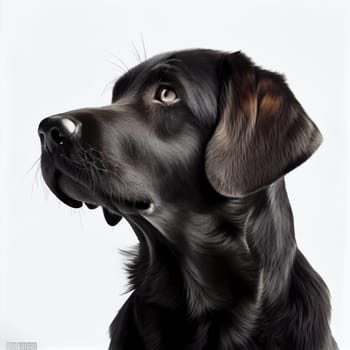 This minimalist pet portrait features a stunning black dog with piercing eyes, set against a pristine white background. A perfect addition to any pet lover's collection. AI Generative.