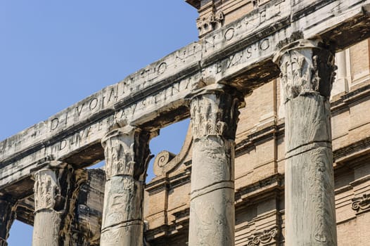 Detail of the entablature of the temple of Antonio and Faustina, in the Roman forum