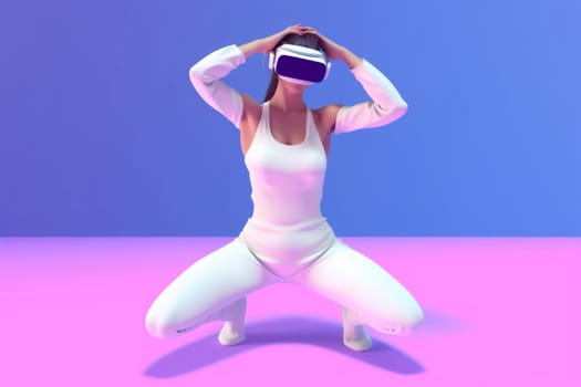 woman innovation digital game background colorful neon goggle sport reality reality virtual virtual entertainment 3d person 3d freedom render blue glasses tech vr. Generative AI.