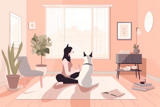 pet dog woman girl health female lifestyle fitness sport mat puppy happy cat home yoga cartoon gymnastics healthy training body asana. Generative AI.