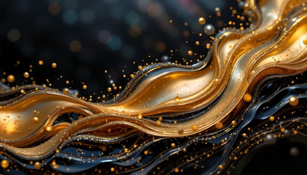 A gold and blue wave with many small gold and blue beads. The beads are scattered all over the wave, giving it a shimmering and sparkling appearance. Concept of luxury and opulence, as the gold