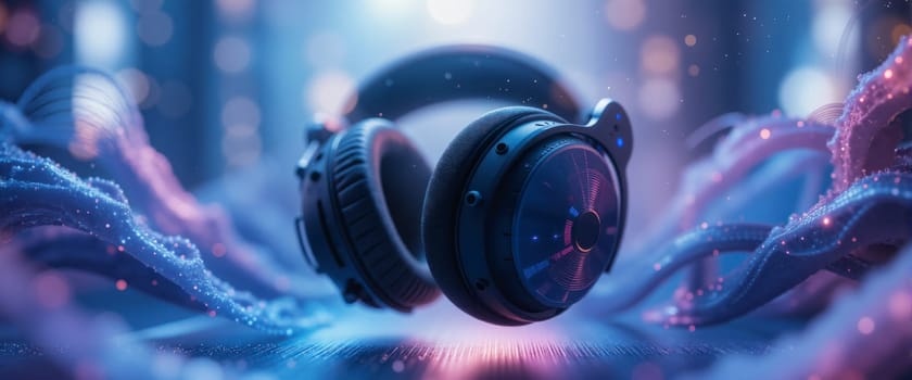 A pair of headphones is on a sandy beach. The headphones are black and the beach is blue and pink