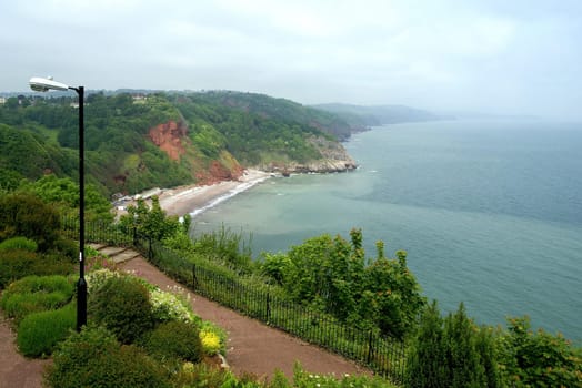 View across Babbacombe Bay down to the seaside resort of Babbacombe north of the large seaside resort of Torquay on the English Riviera