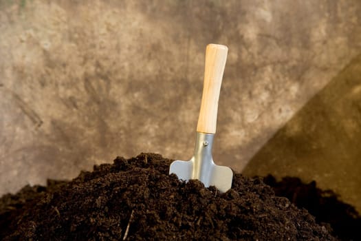 Shovel in garden soil