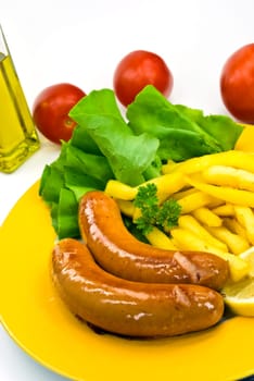 German bratwurst,french fries,salad