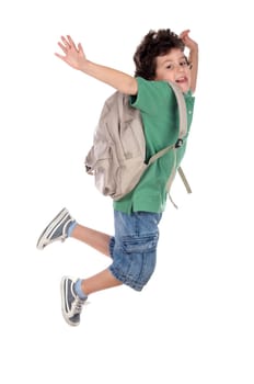 happy child jumping with backpack