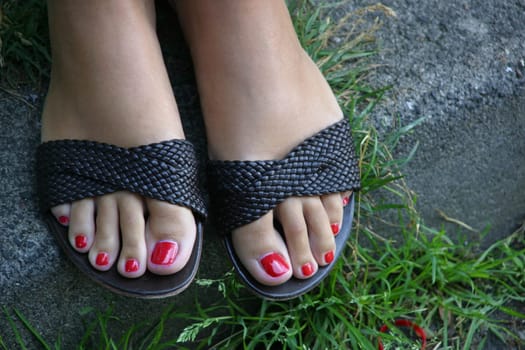 Woman's feet with red nails