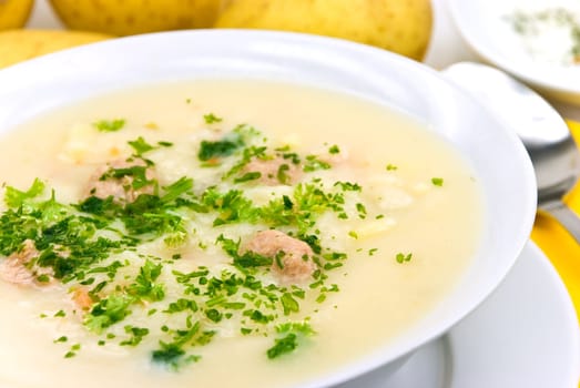 Potato cream soup with meatballs