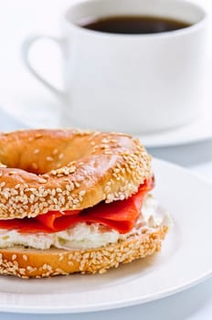 Smoked salmon bagel and coffee