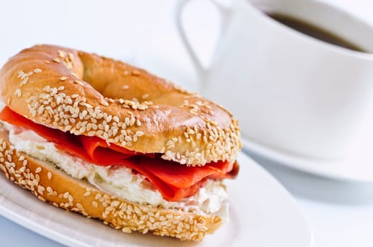 Smoked salmon bagel and coffee