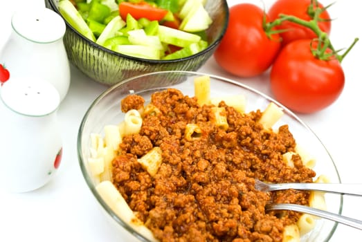 Spaghetti Macaroni Bolognese with Salad