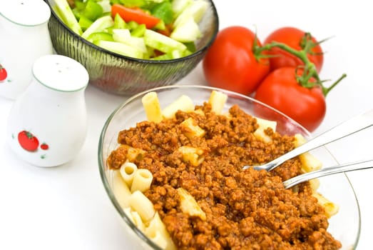 Spaghetti Macaroni Bolognese with Salad